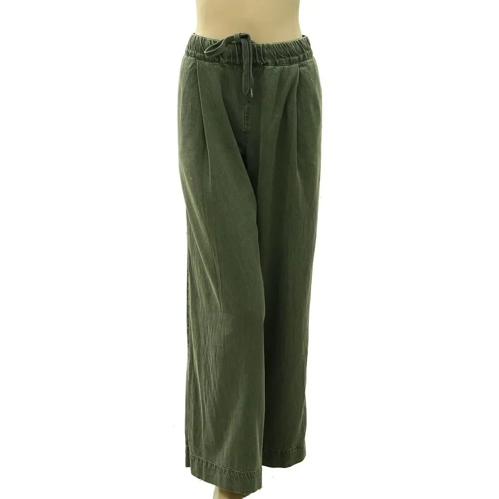 Free People Women's Wide-Leg Drawstring Trouser Pants Adjustable Olive M 288740